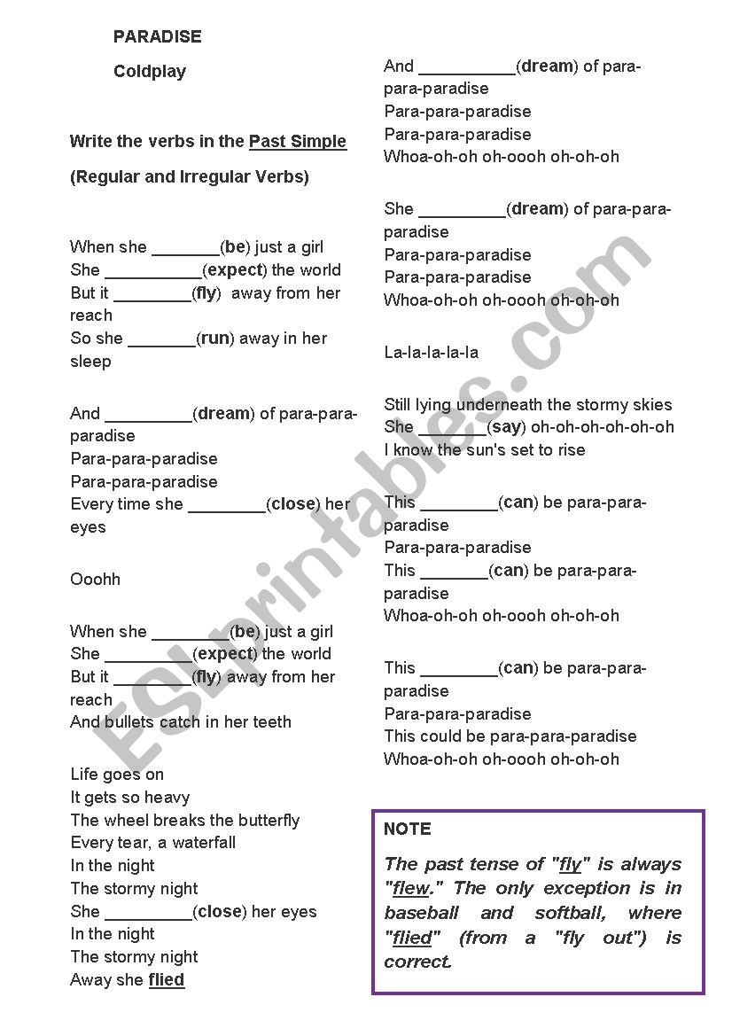 Paradise Coldplay worksheet