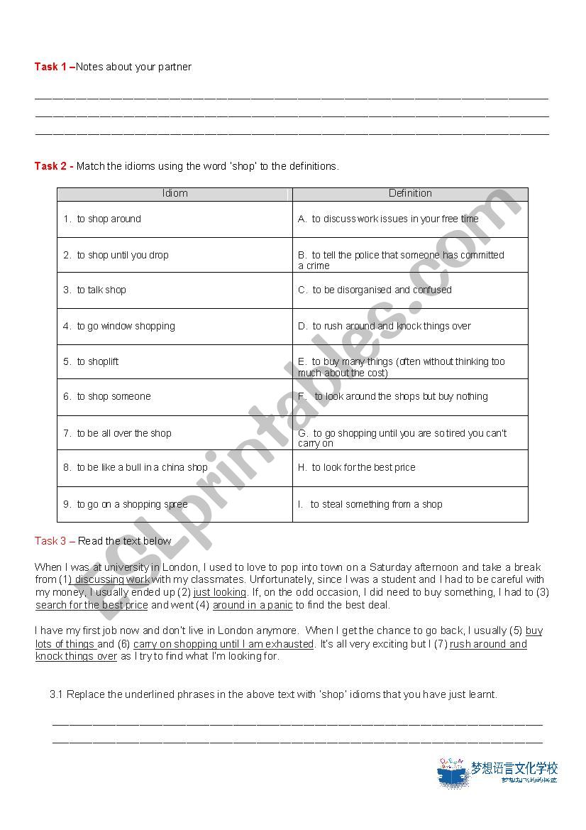 Shopping worksheet