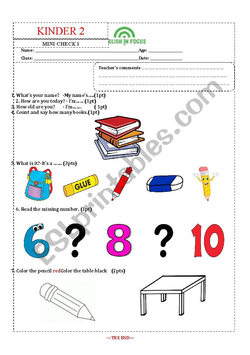 Short test for kindergarten worksheet
