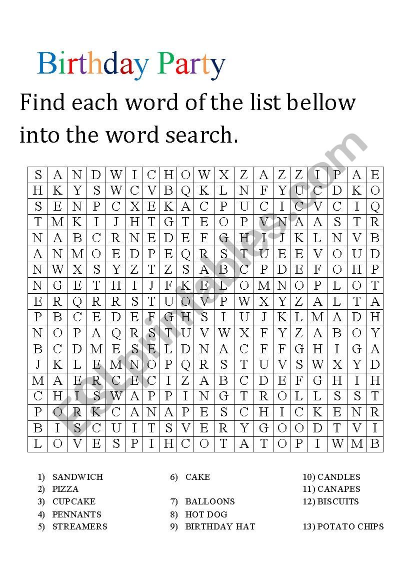 Birthday Party Word Search + Key