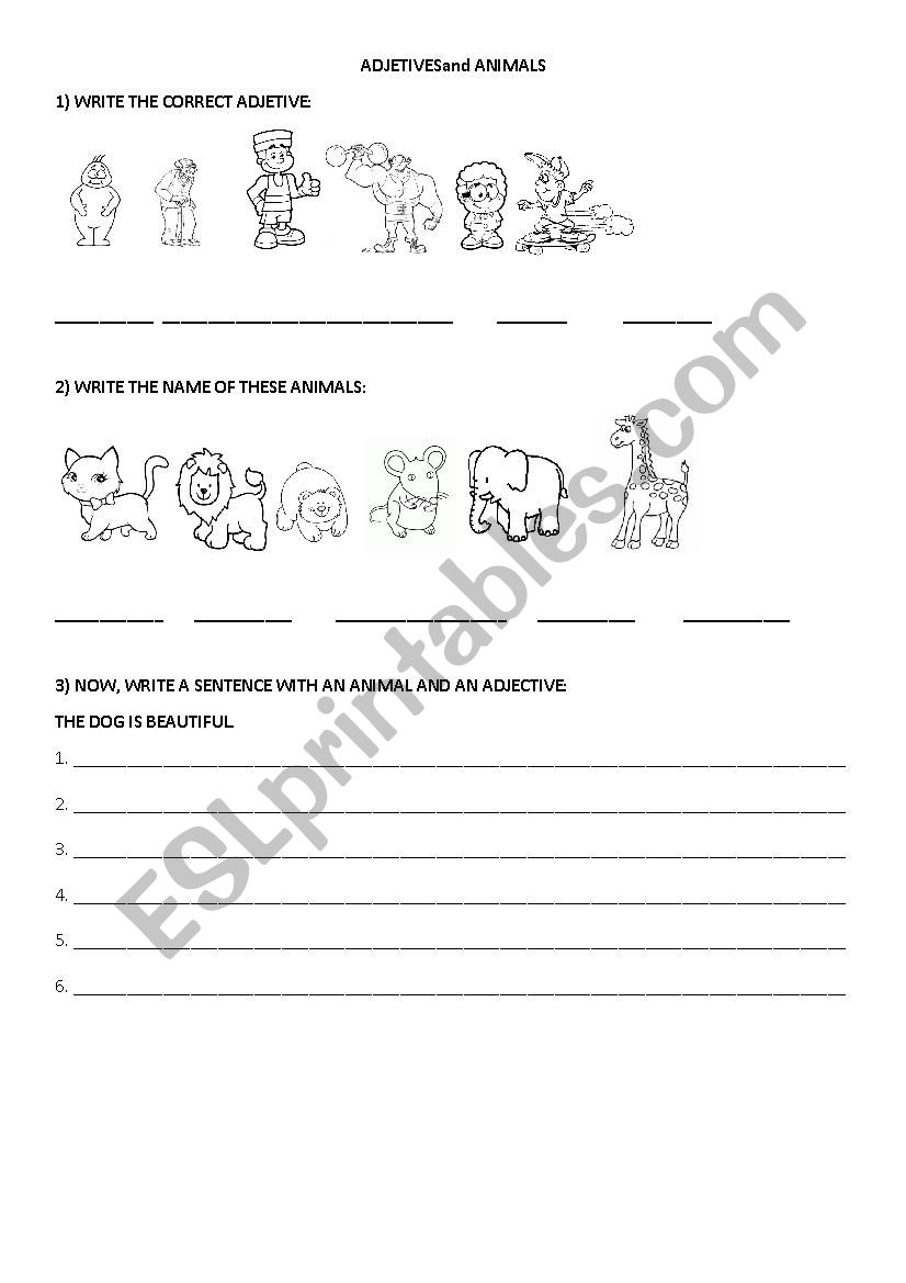 Animals and Adjetives worksheet