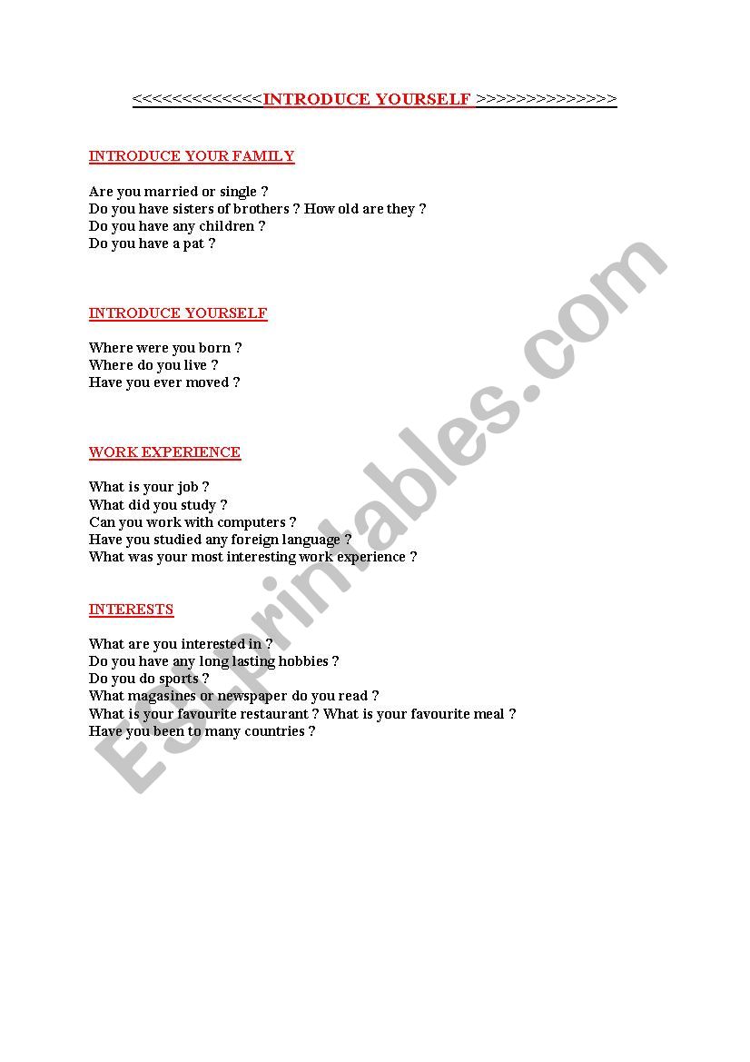 Introduce yourself questions worksheet
