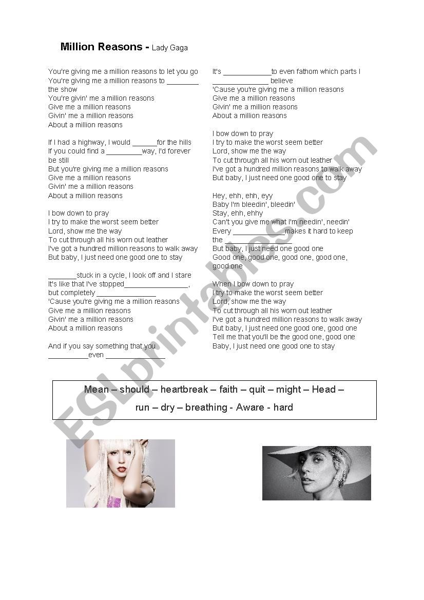 Million reasons worksheet