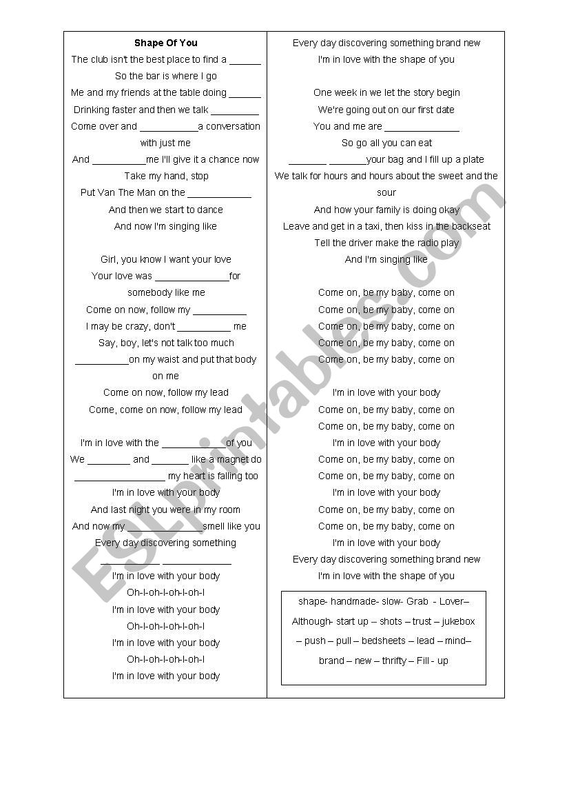 Shape of you worksheet