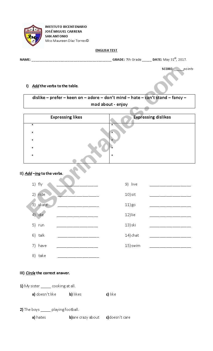 likes and dislikes test worksheet