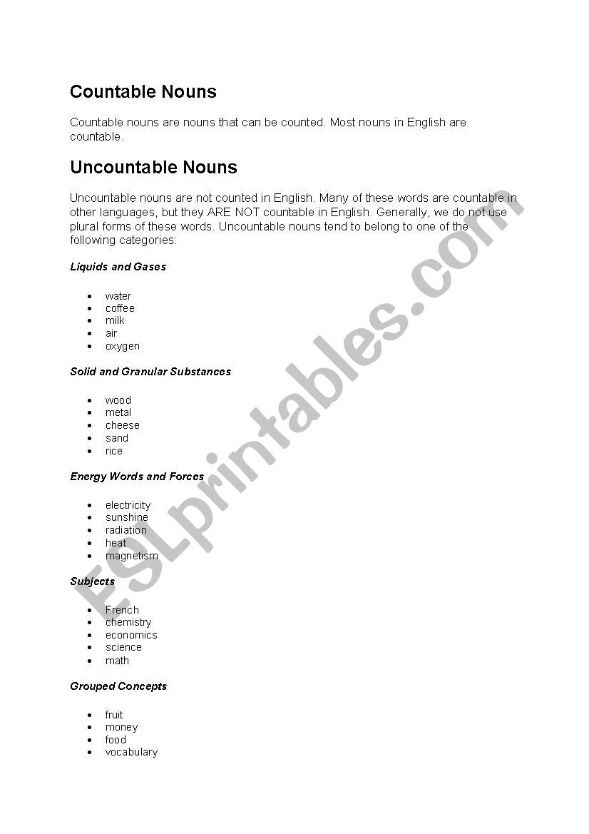 Countable and uncountable worksheet