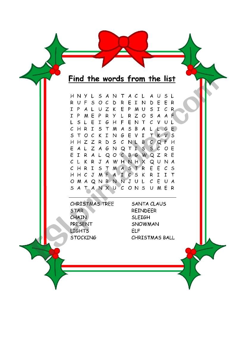 Christmas wordsearch worksheet