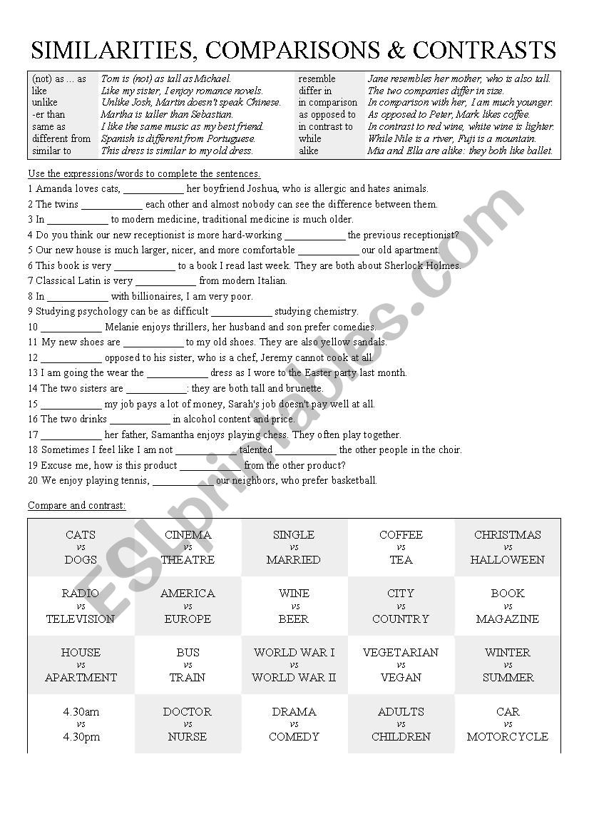 Comparisons and contrasts worksheet