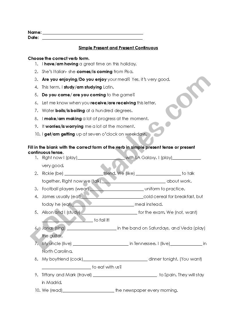Present simple or continuous worksheet