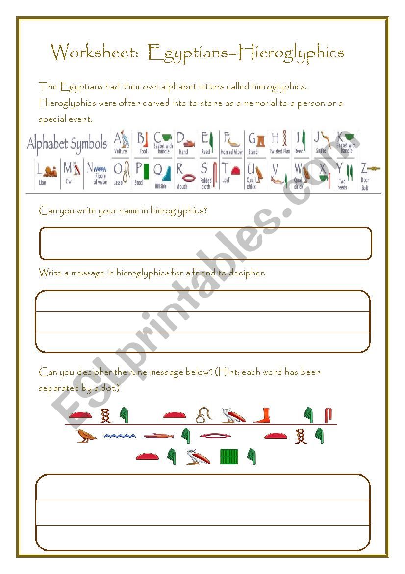 Egyptian Hieroglyphs Worksheet