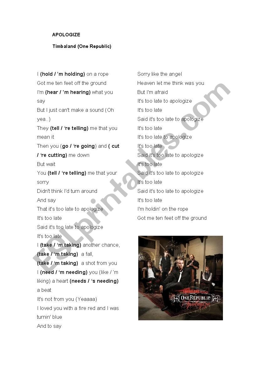 Song Apologize worksheet