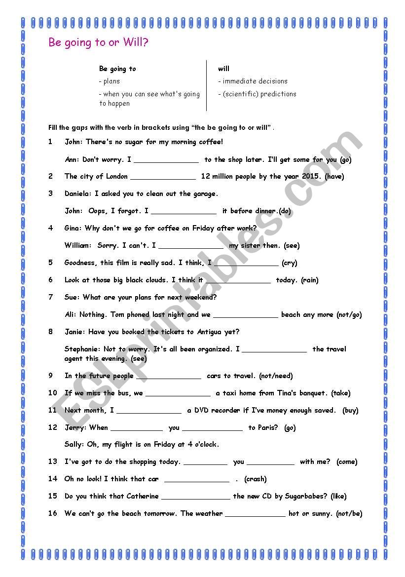 Will or Going to? worksheet
