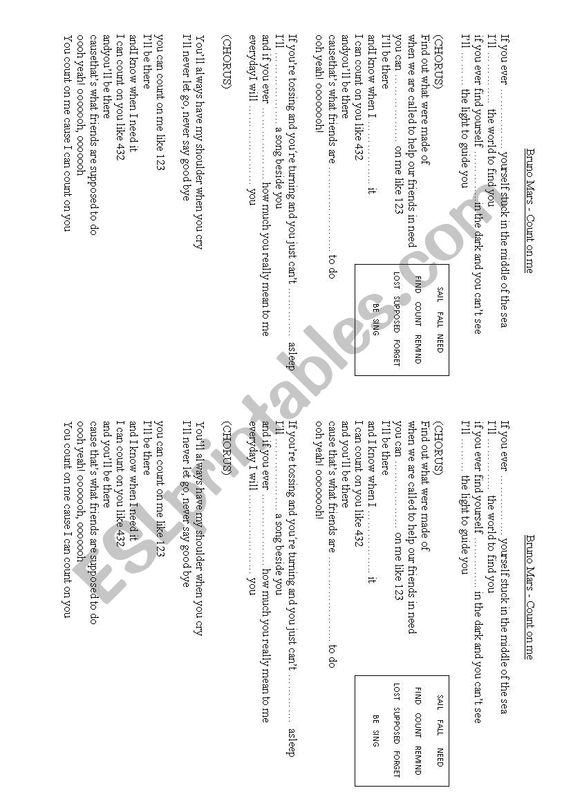 SONG. Bruno Mars. COUNT ON ME worksheet