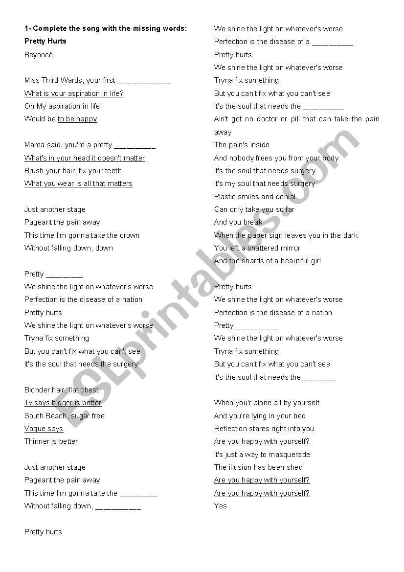 Pretty hurts (song) worksheet