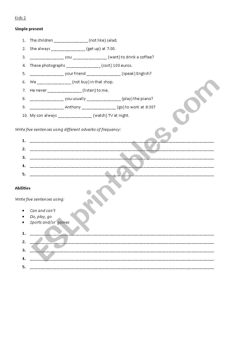 Simple present and can/cant worksheet