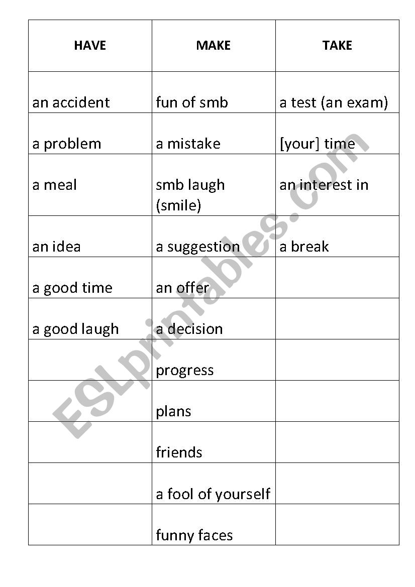 Have Make Take phrasal verbs  cards