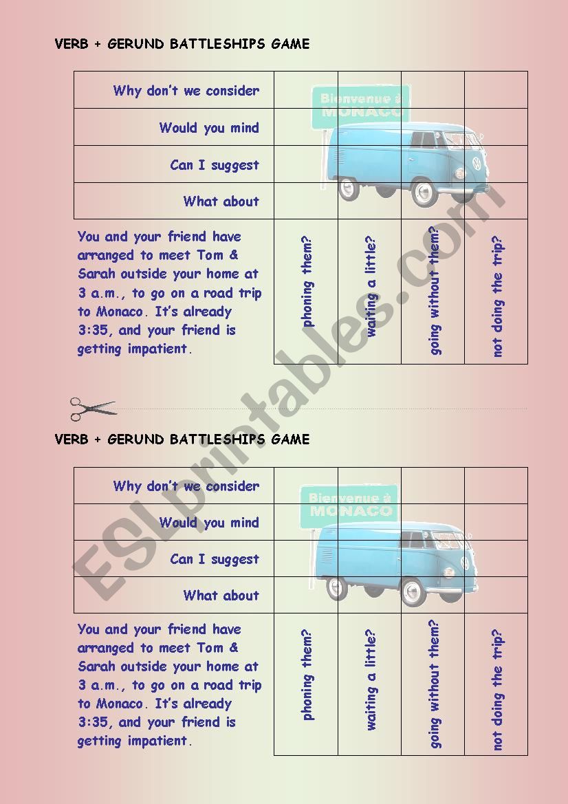 battleships - verb+gerund worksheet