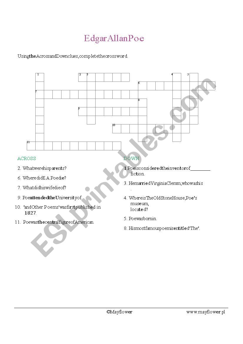 Edgar Allan Poe: a crossword worksheet