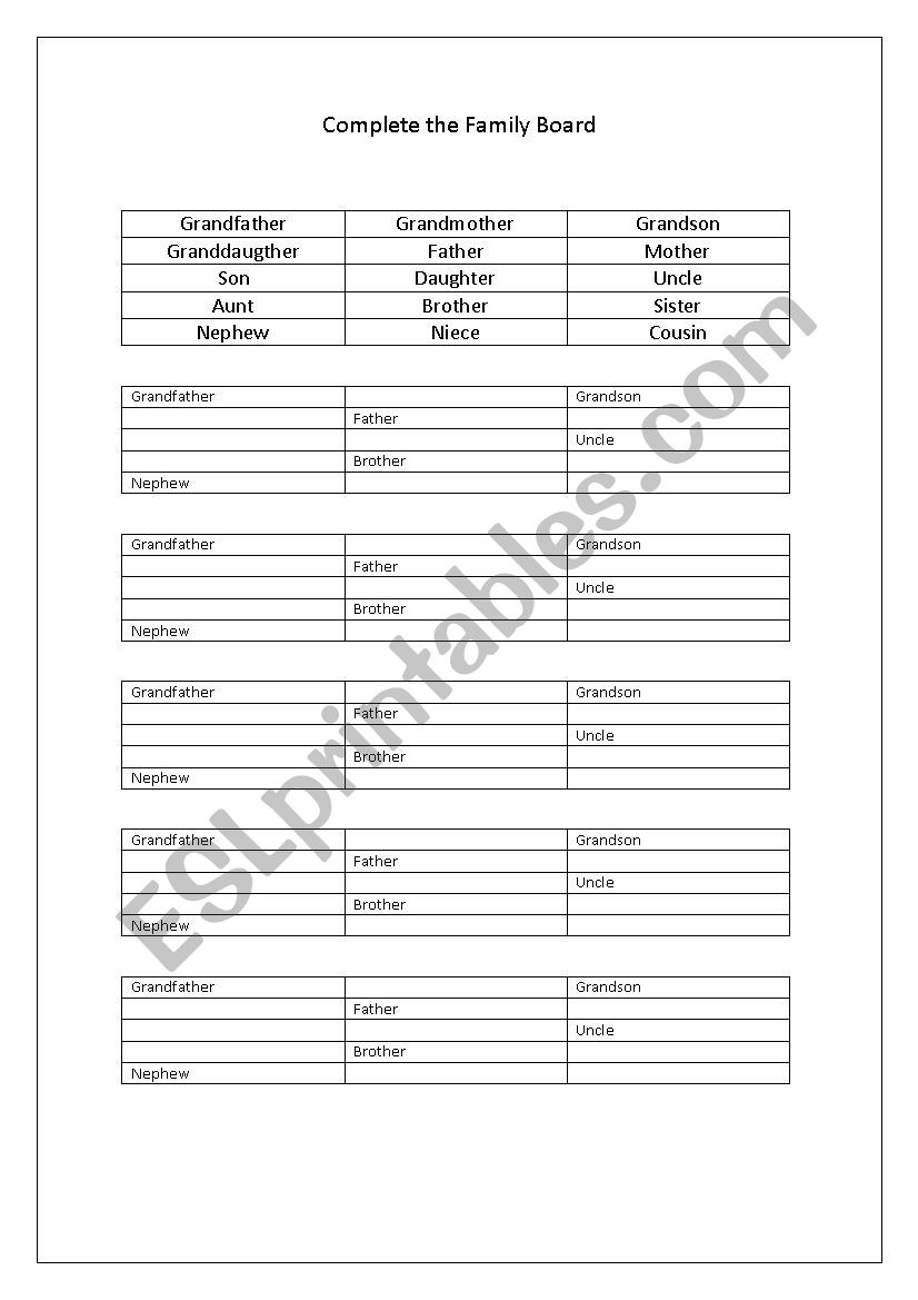 Complete the family Board worksheet