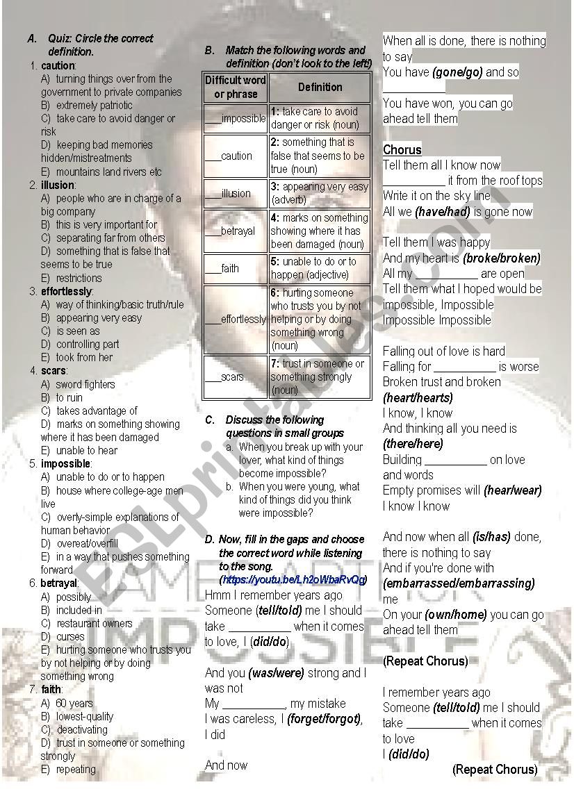 Impossible by James Arthur: Song worksheet with key - vocabulary/listening/discussion/crossword/writing
