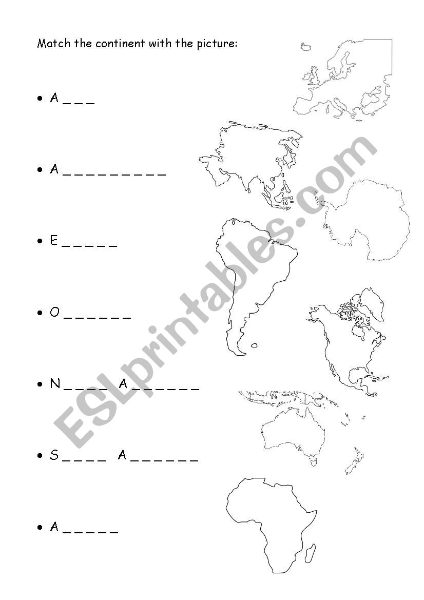 Continents word fill and match