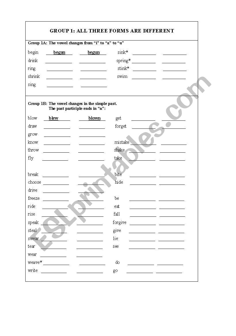 Irregular verbs worksheet