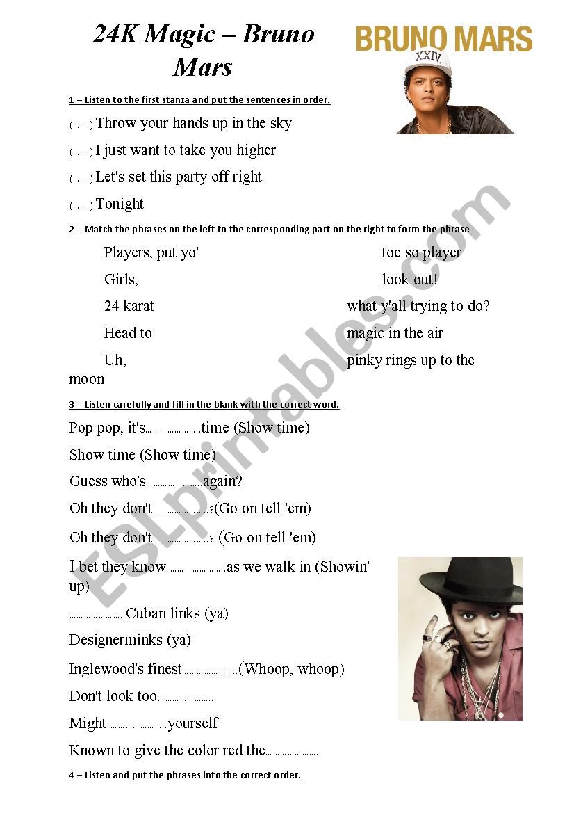 Song: 24k Magic - Bruno Mars worksheet