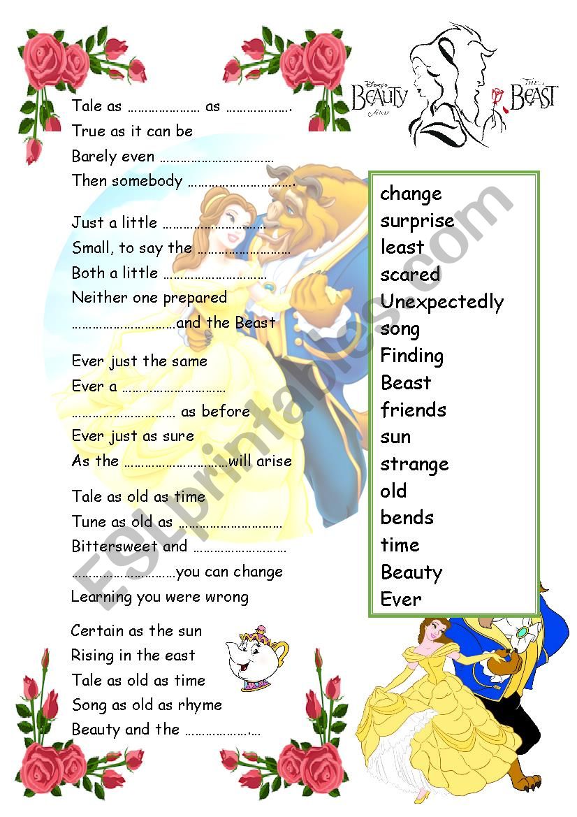 Beauty And The Beast Tale As Old As Time Song Esl Worksheet By Mintyxoxo
