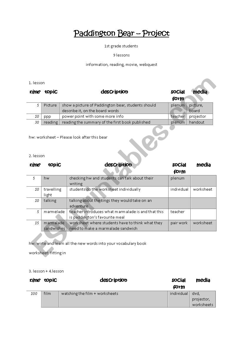 Paddington bear - lesson plan worksheet