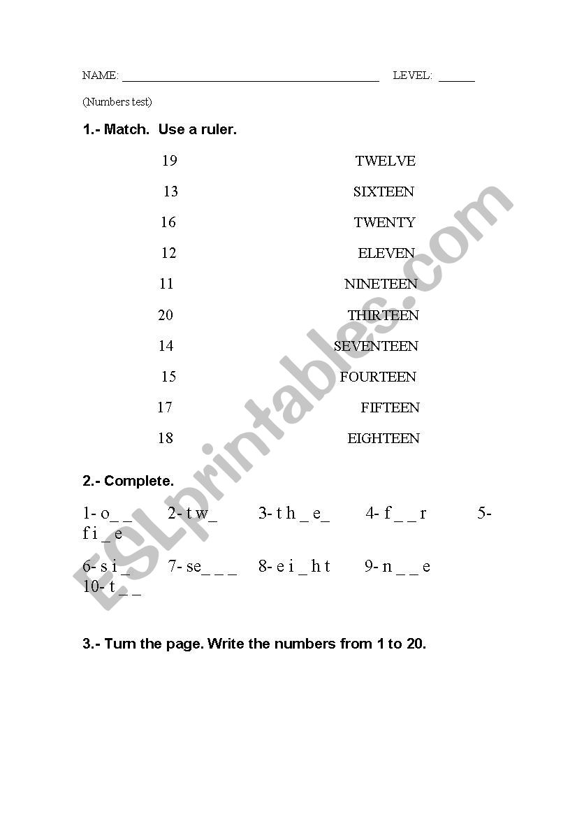 test numbers 1-20 worksheet
