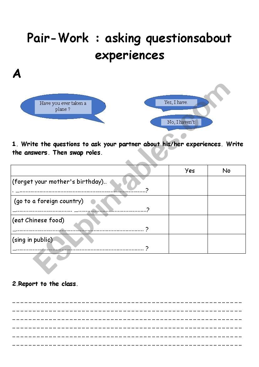 Pair-work experiences worksheet