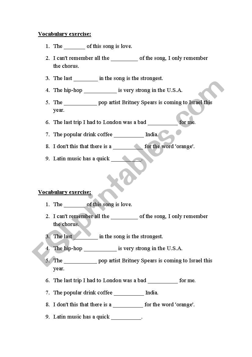 Vocabulary about music worksheet