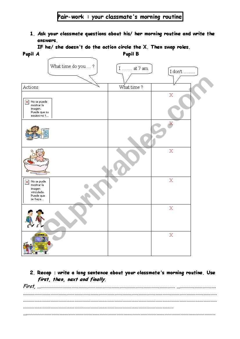 Pair-work morning routine worksheet