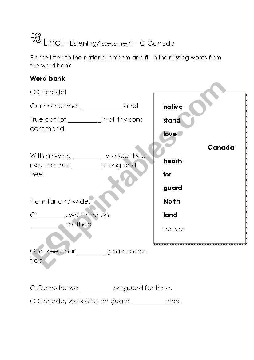 OCanada anthem worksheet