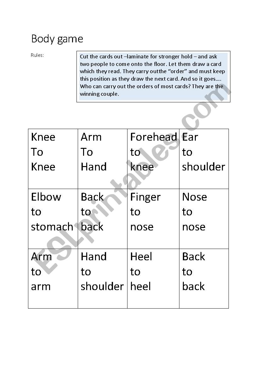 Body part game worksheet