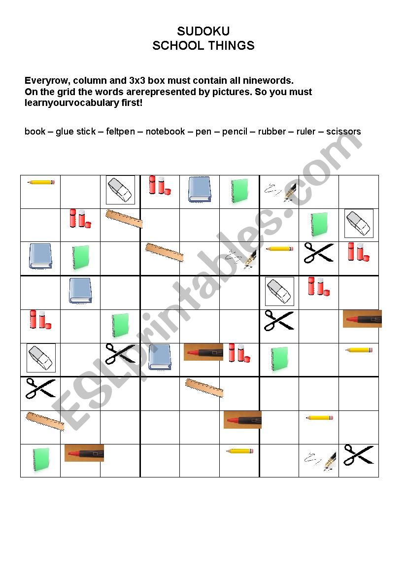 SUDOKU - SCHOOL THINGS worksheet