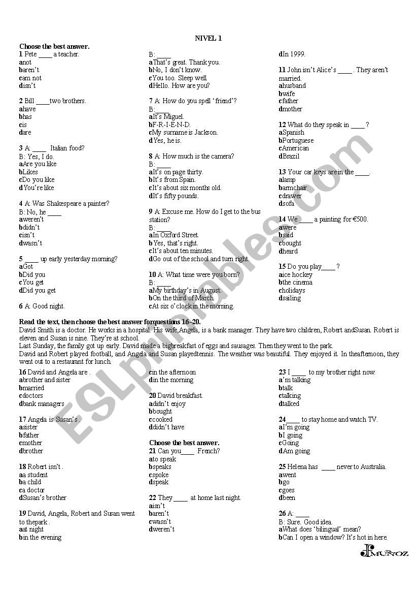 BASIC MULTIPLE CHOICE TEST worksheet