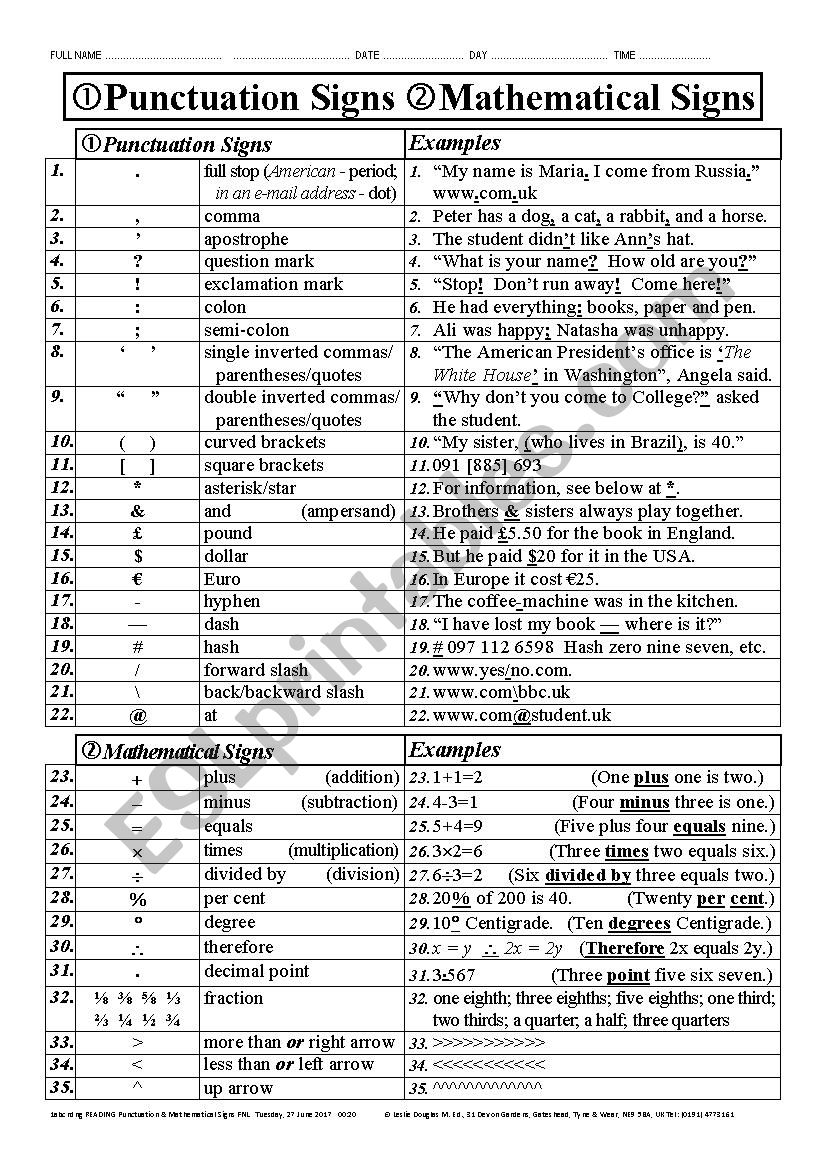 PUNCTUATION 001 Punctuation & Maths Signs