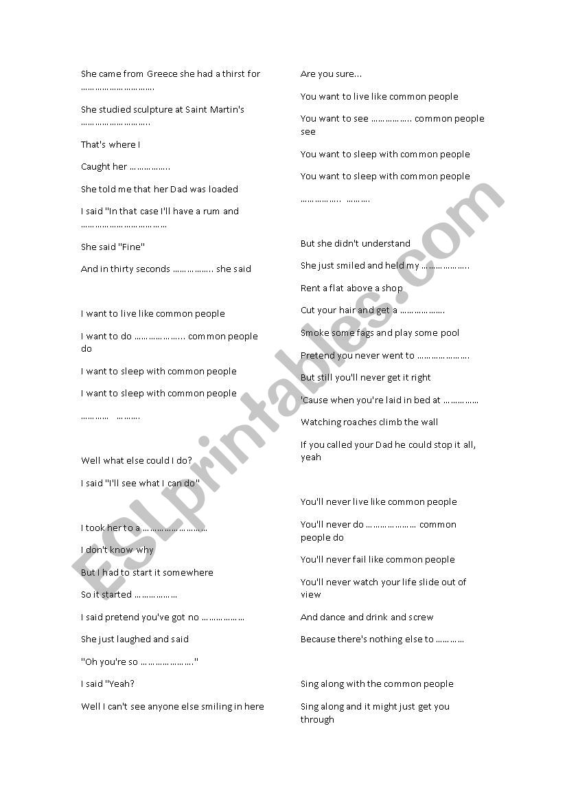 Common People Song worksheet