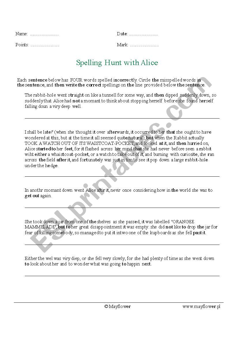 Spelling Hunt with Alice worksheet