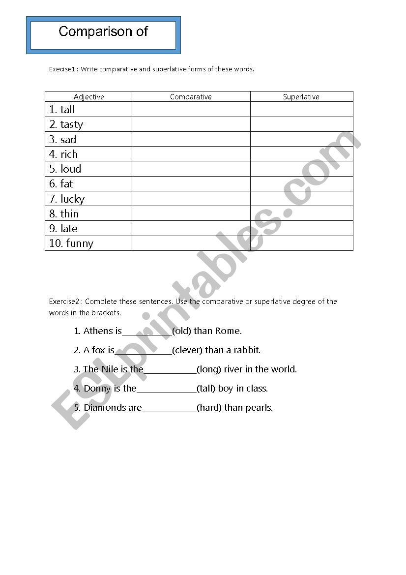 Comparison of adjective worksheet