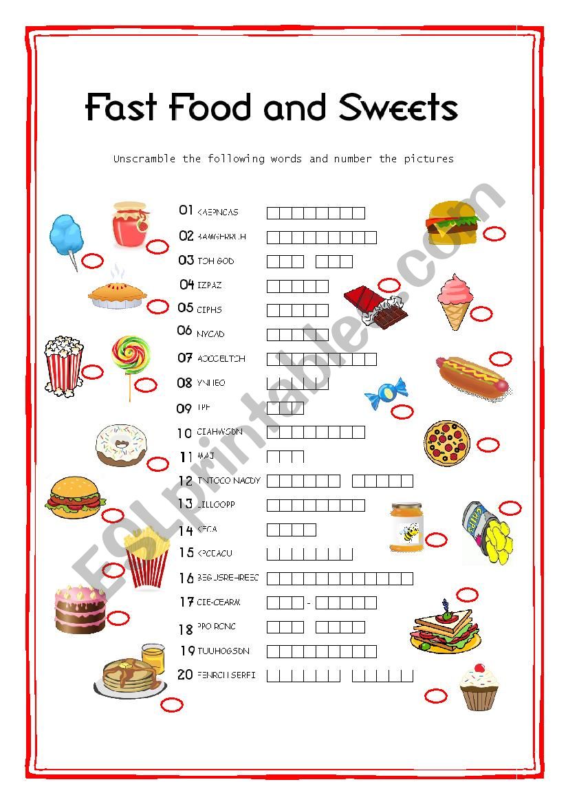 Fast Food and Sweets worksheet
