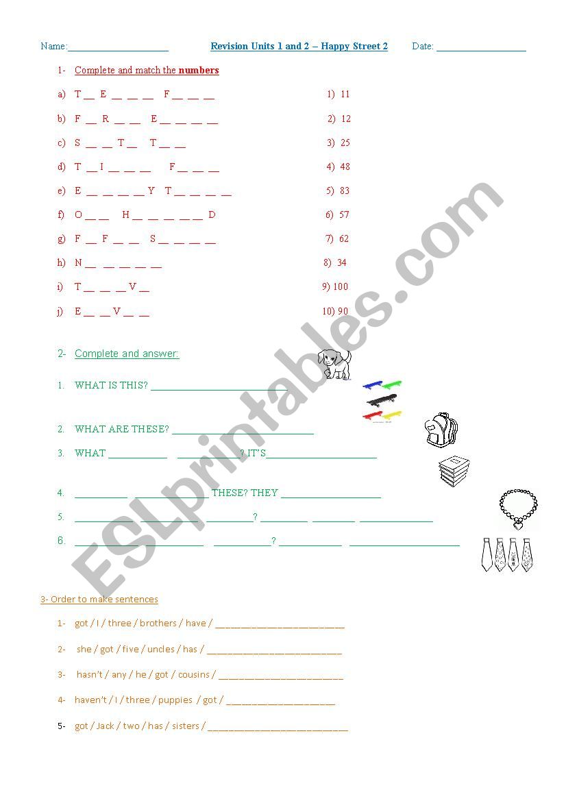 Revision Units 1 and 2 Happy Street 2