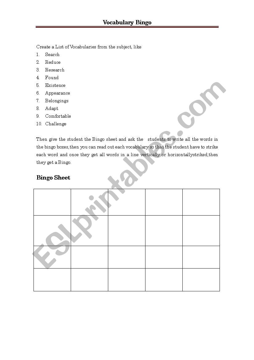 Bingo Game worksheet