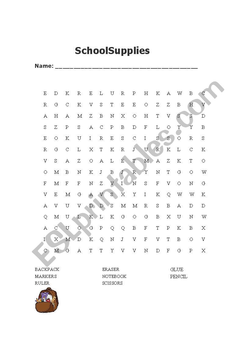 School Supplies Wordsearch worksheet