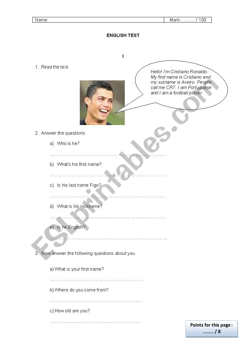Assessment test worksheet
