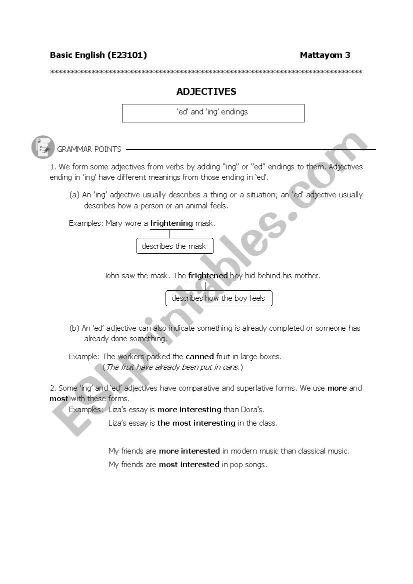 ed and ing Adjectives worksheet