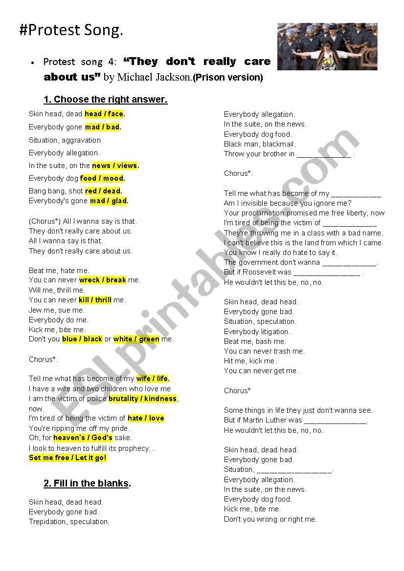 Protest songs worksheet