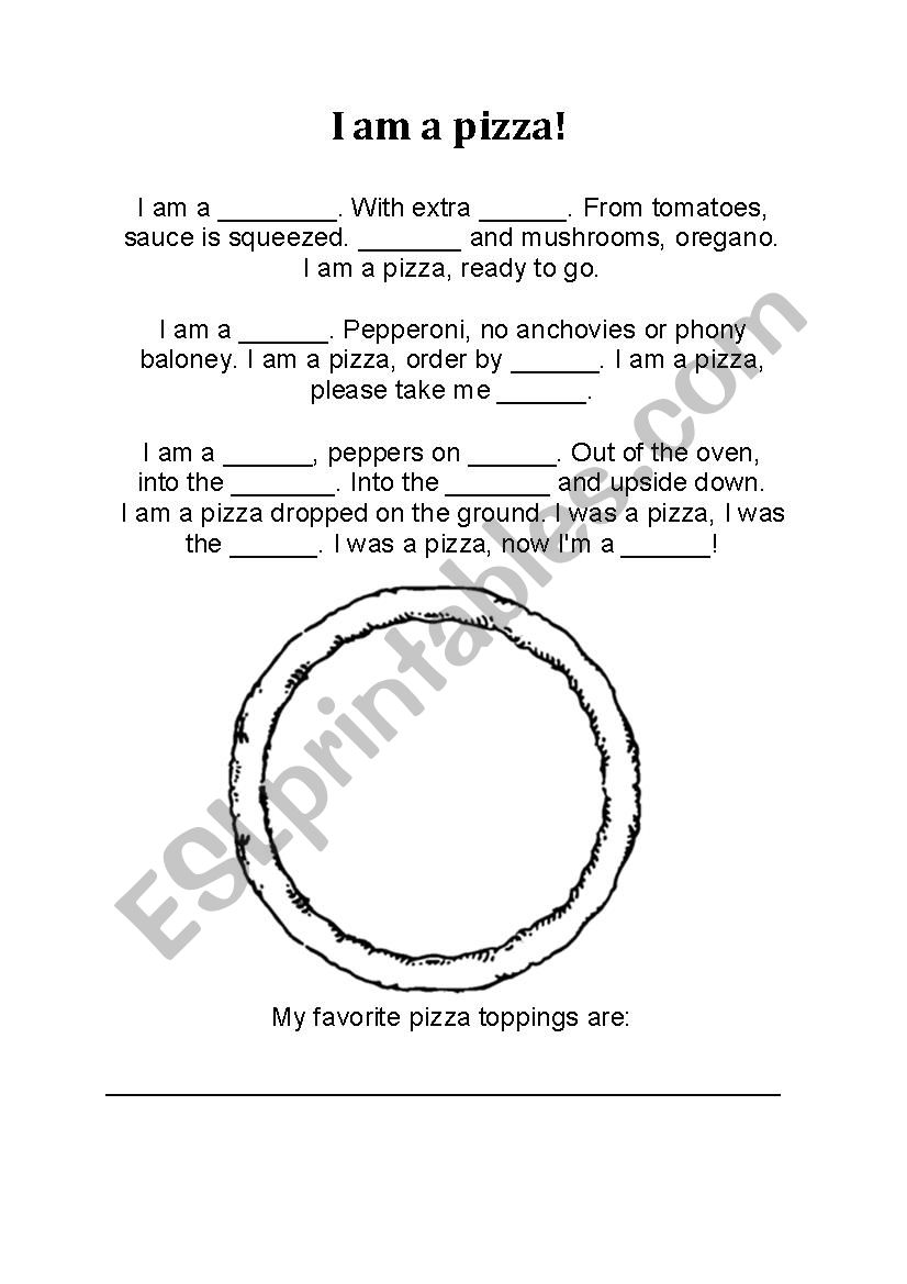 I am a Pizza song worksheet worksheet