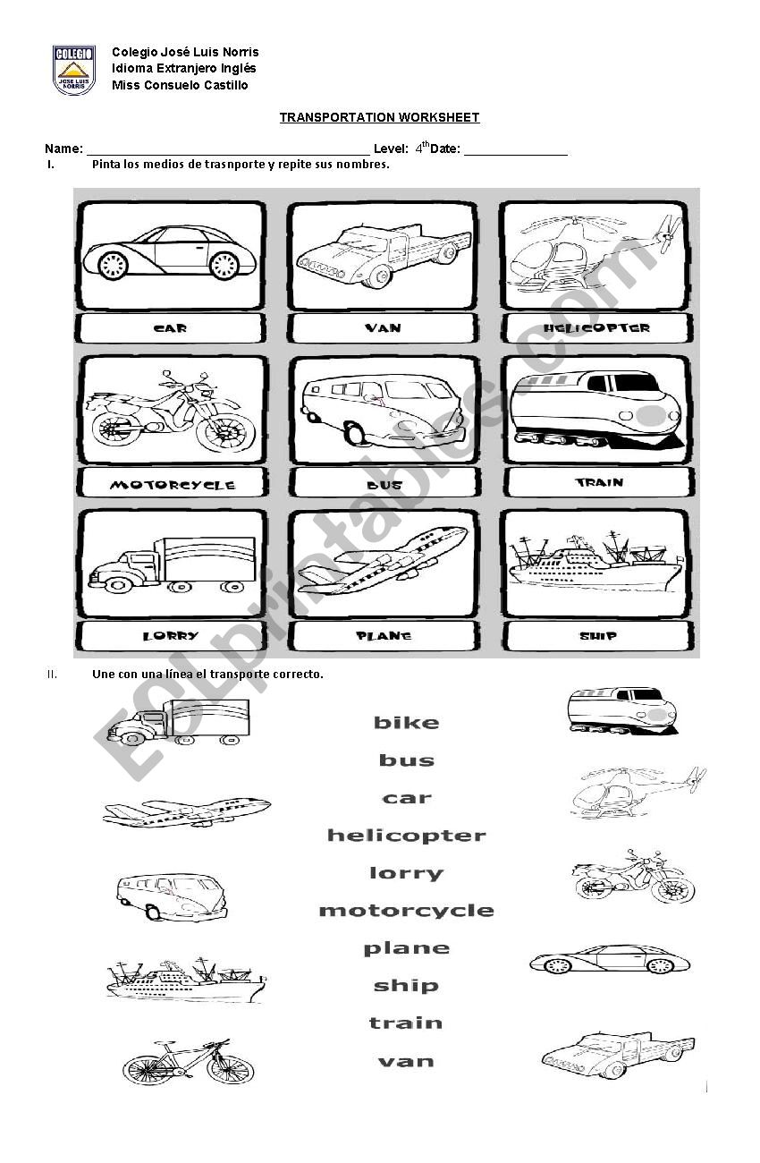 means of transportation worksheet